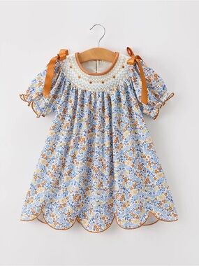 Blue Floral Smocked Kids Dress with Mustard Ribbon Detail
